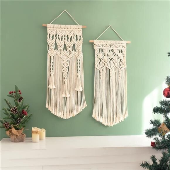 2 Pcs Macrame Woven Wall Hanging Boho Chic Geometric Art Decor - Bedroom Nursery - Picture 4 of 7